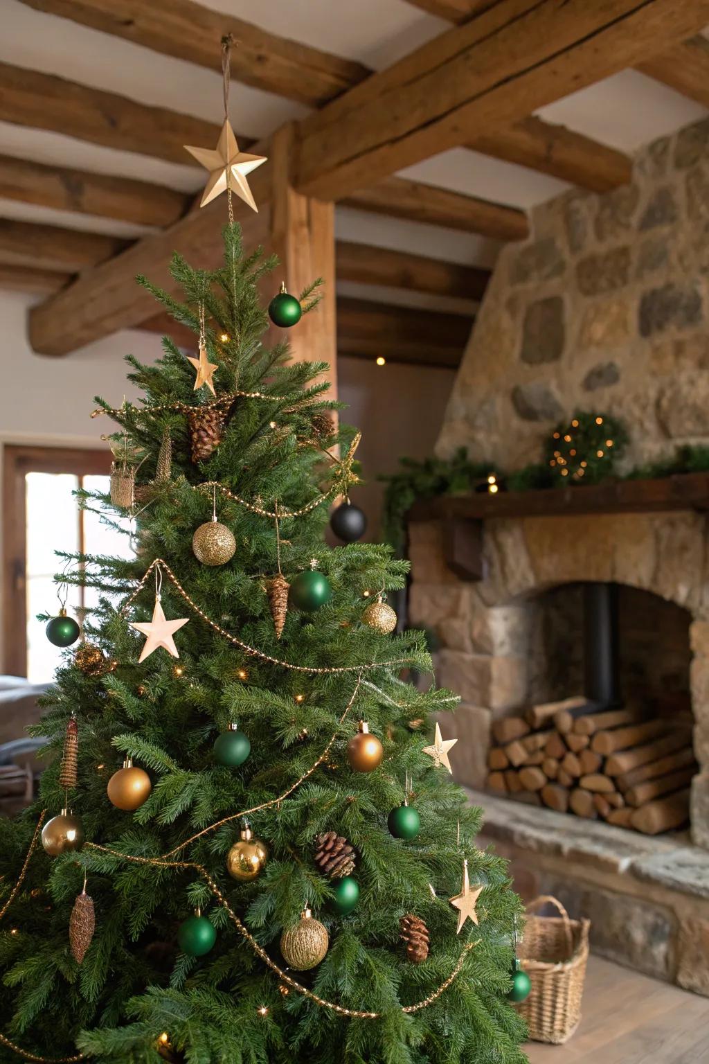 Embrace nature with an earthy green and gold Christmas tree.