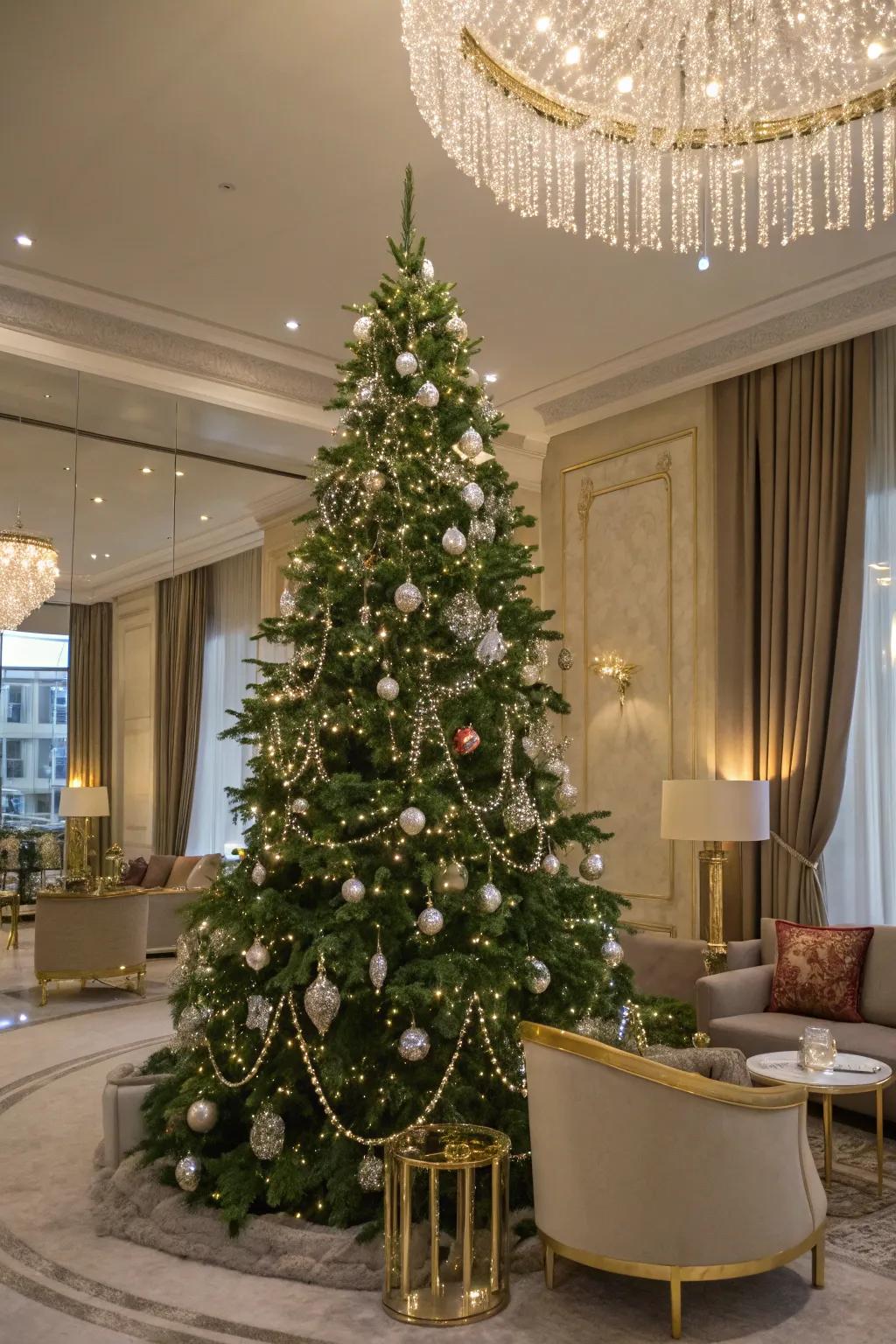 An elegant Christmas tree with crystal strand garlands