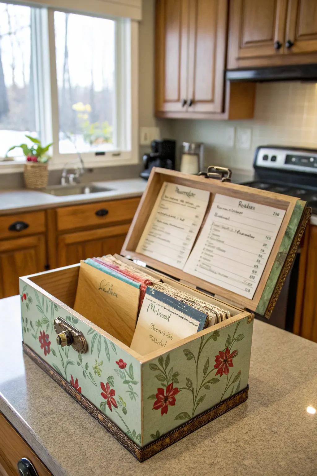 A delightful recipe box from a cigar box keeps your favorite recipes organized.