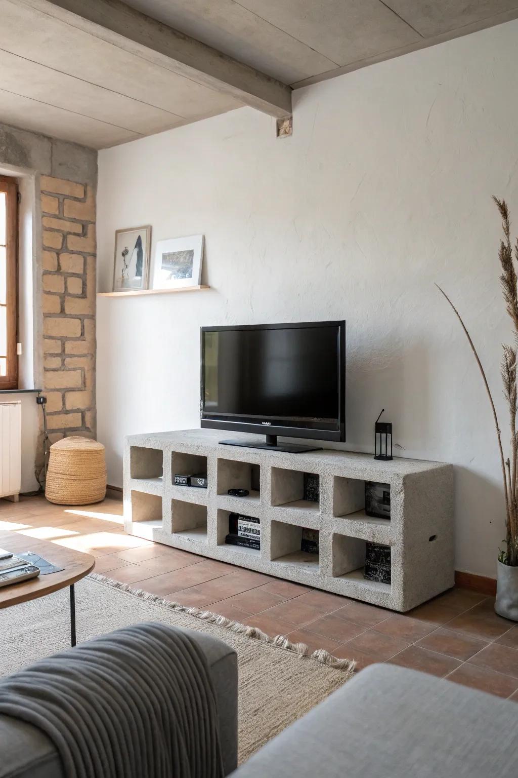 A minimalist cinder block TV stand complements the serene vibe of this living room.