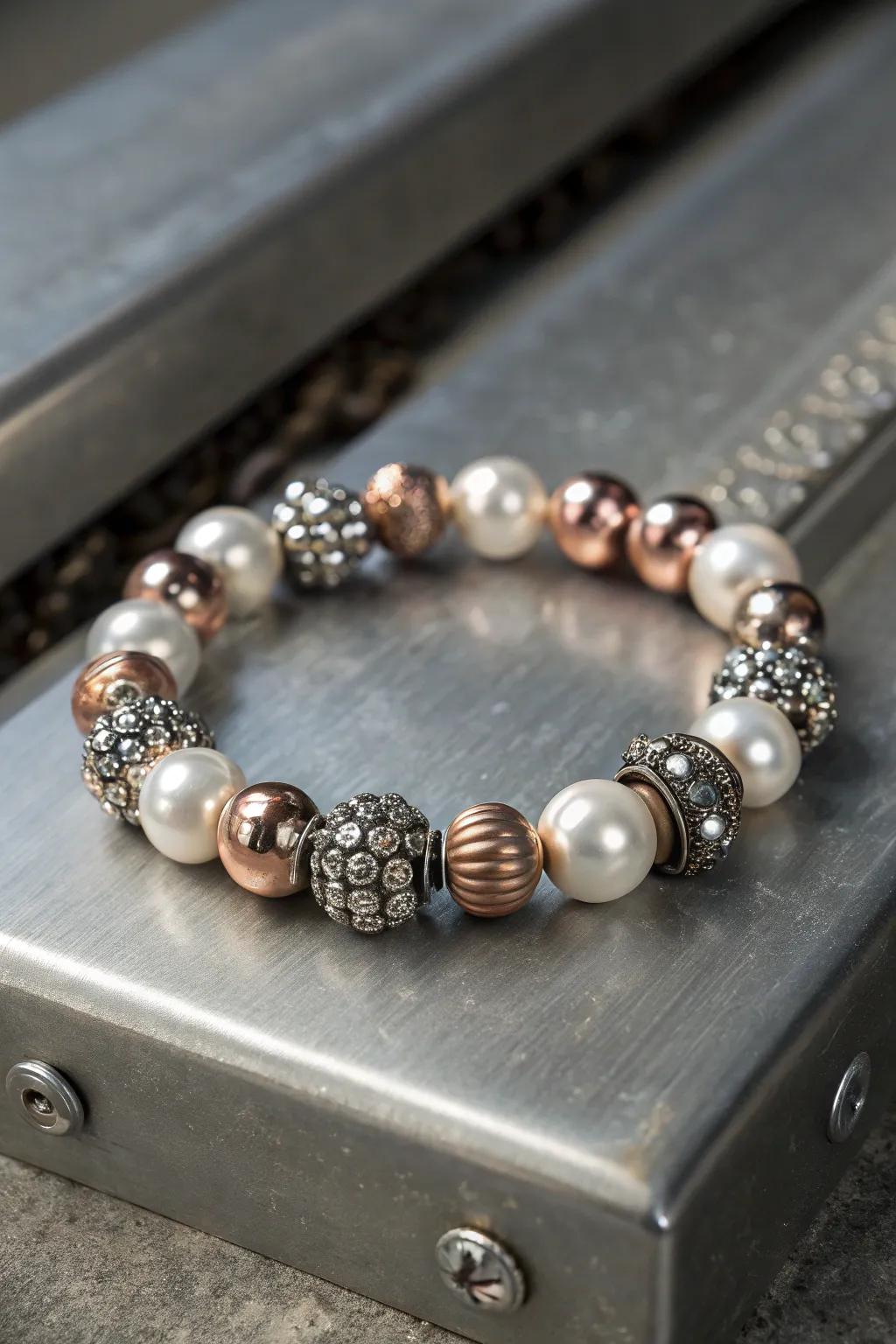 Metallic tones and pearls for a modern, edgy bracelet.