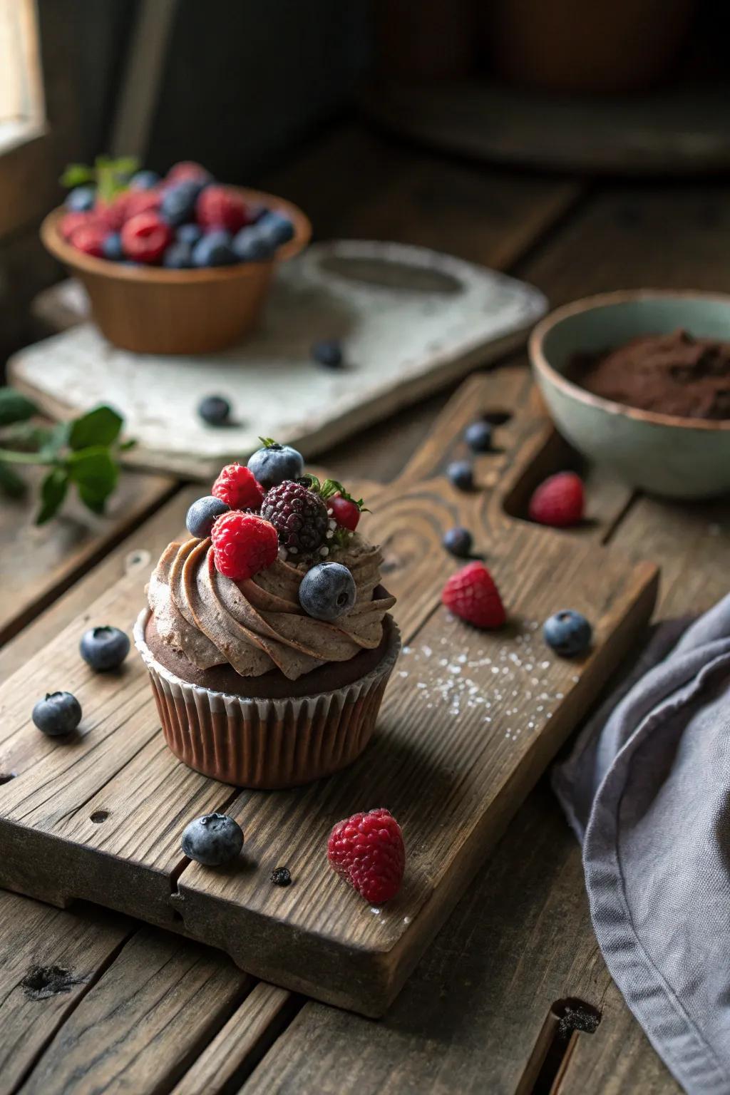 A cupcake with edible-looking berries, delightfully realistic.