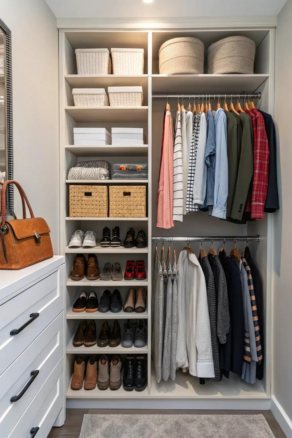 A closet with adjustable shelves that adapt to changing storage needs.