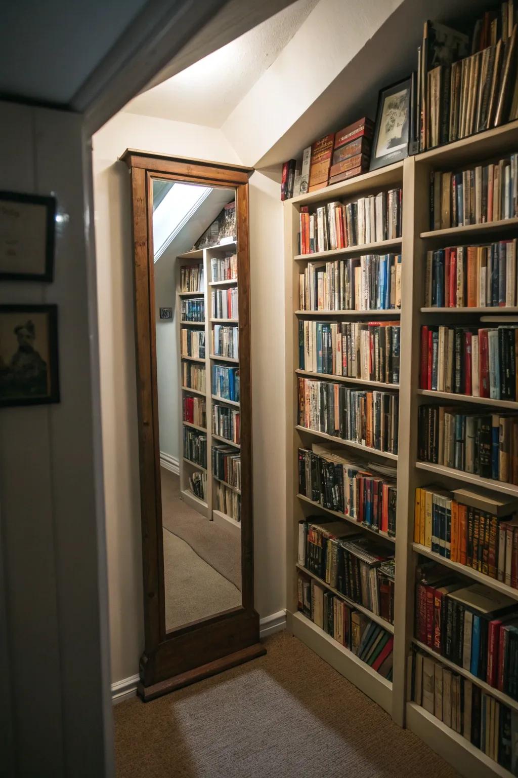 Mirrors can create a sense of depth in a small library space.