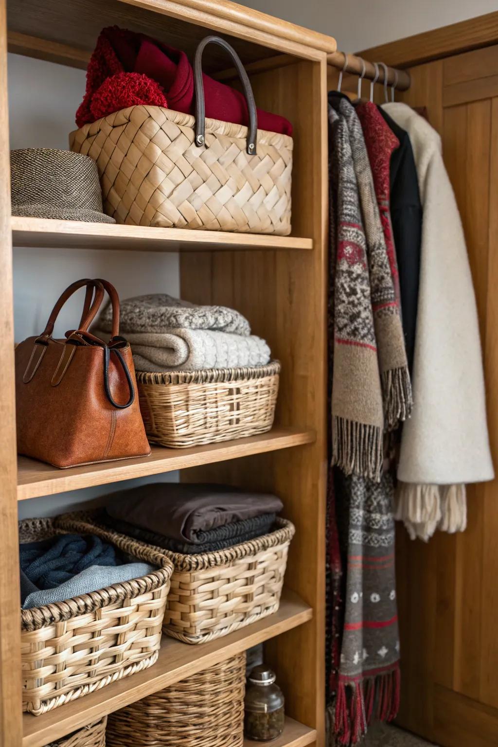 Store bulkier items in stylish baskets for a tidy look.