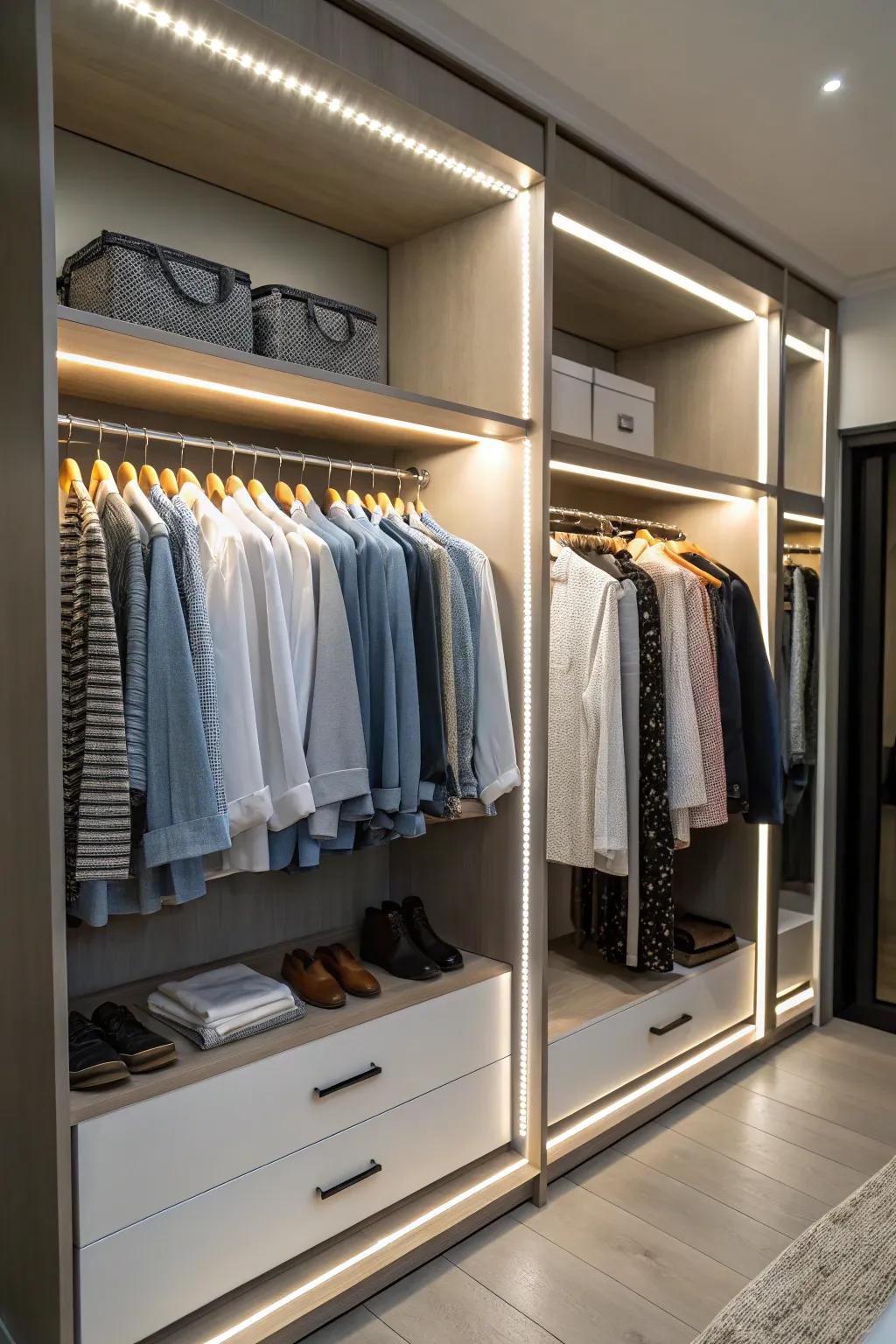 Lighting enhances visibility and adds a luxurious touch to your closet.