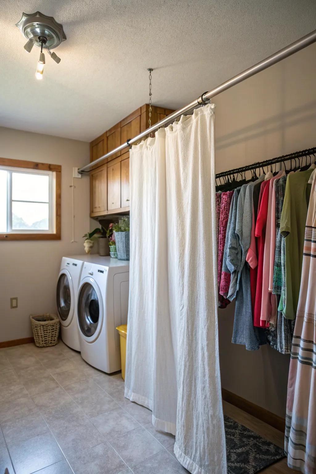 A curtain rod serving as an efficient clothes hanger in a laundry room.