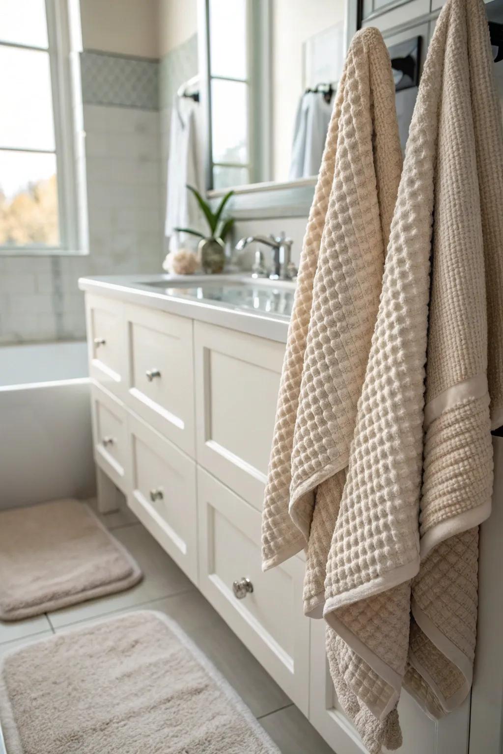 Textured linens bring a cozy, spa-like feel.