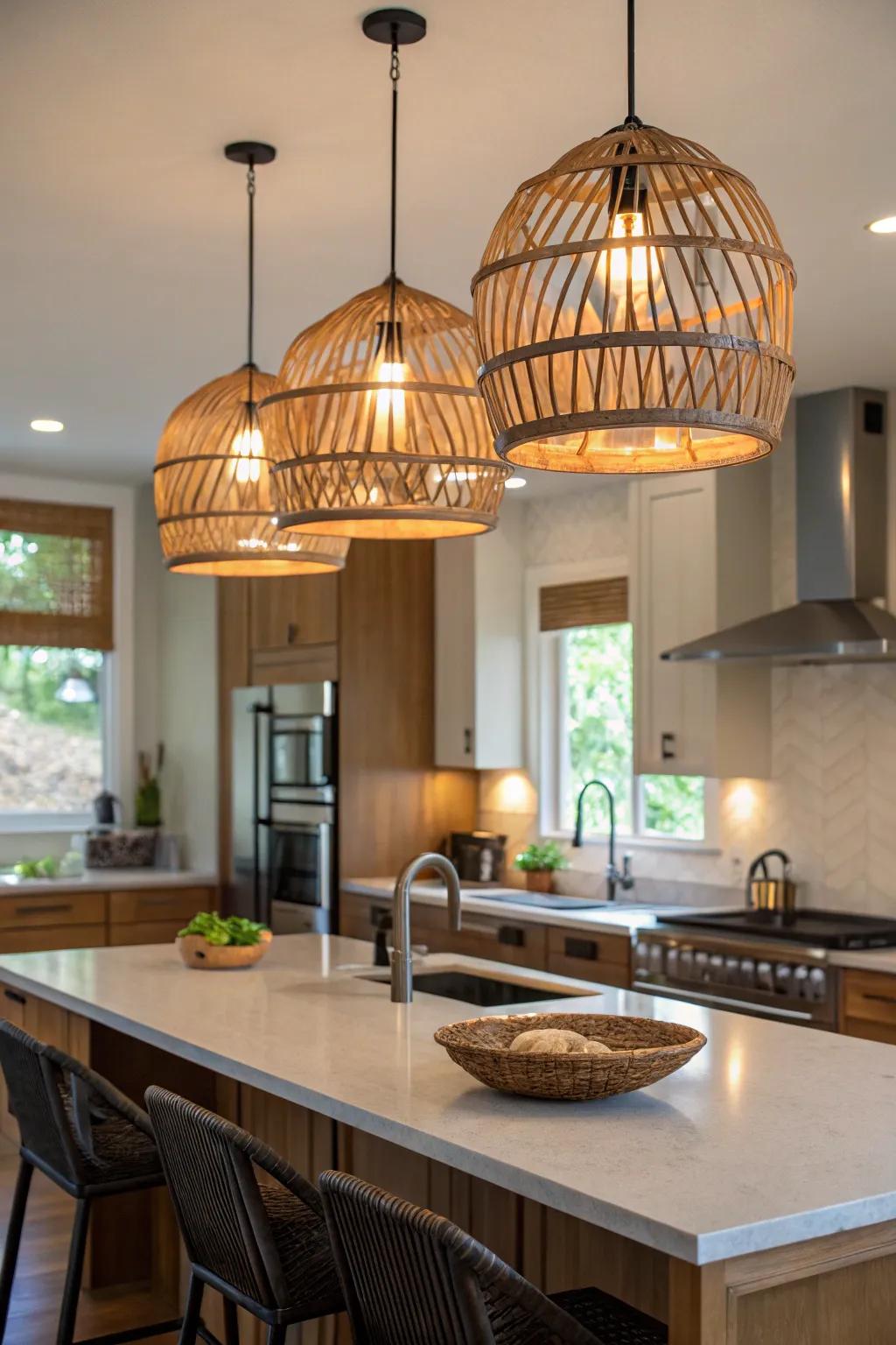 Bamboo pendant lights add warmth and exotic charm to your space.