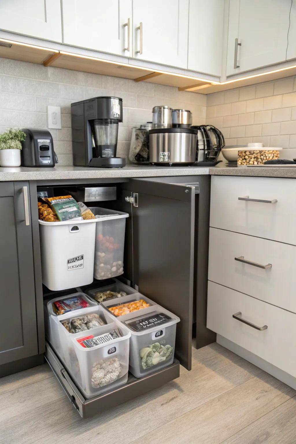 Under-cabinet bins provide discreet and efficient storage.