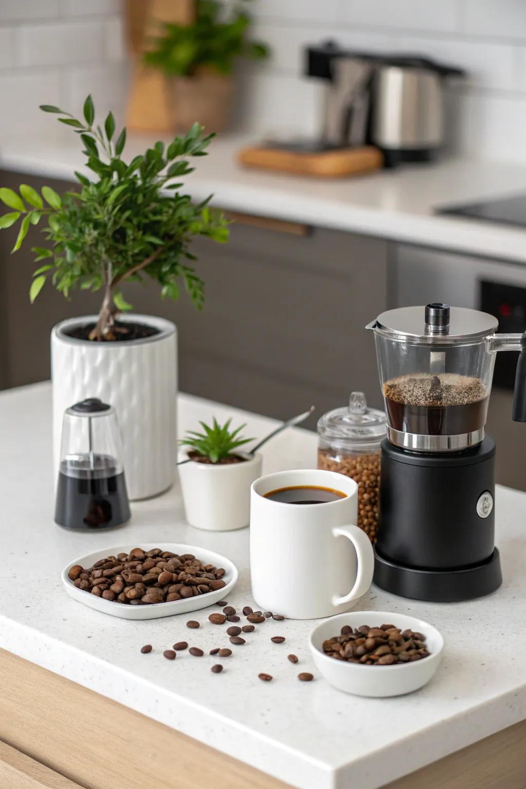 A minimalist coffee counter, emphasizing simplicity and focus on the essentials.