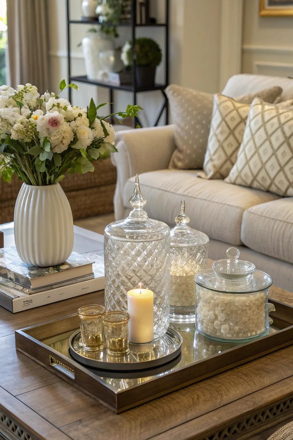 Elegant glassware adds sophistication to the coffee table.