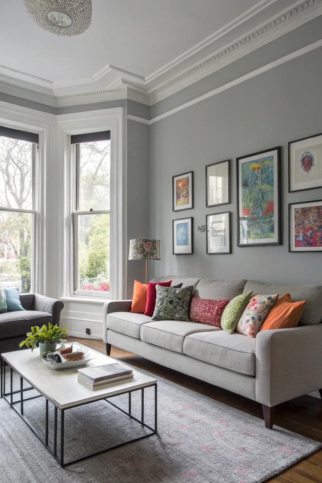 A sophisticated living room with cool gray hues.