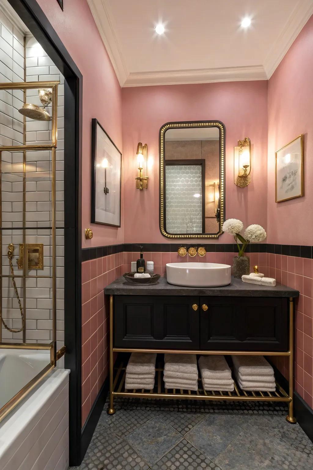 Blushing pink adds subtle warmth, ideal for a balanced and chic bathroom design.