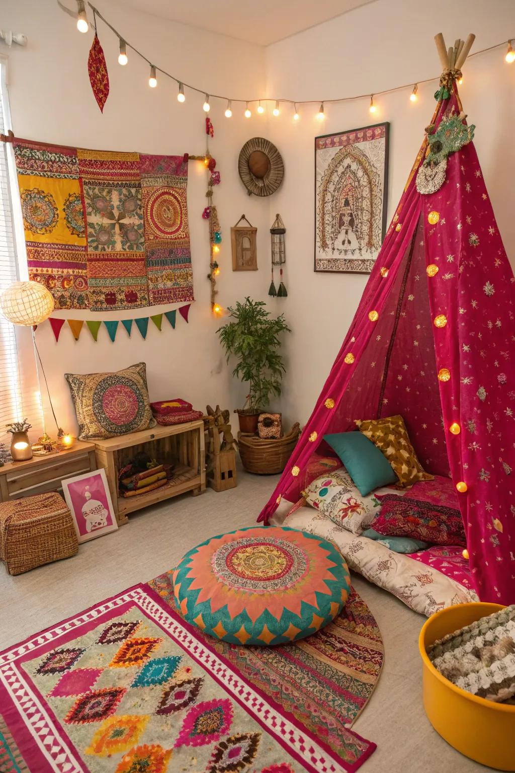 Cultural touches like Indian textiles add depth and personal significance to this girls' room.