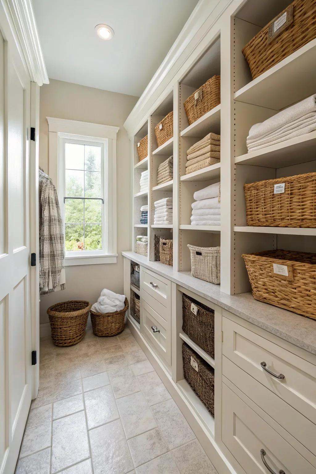 Durable baskets serve both function and style in a laundry area.