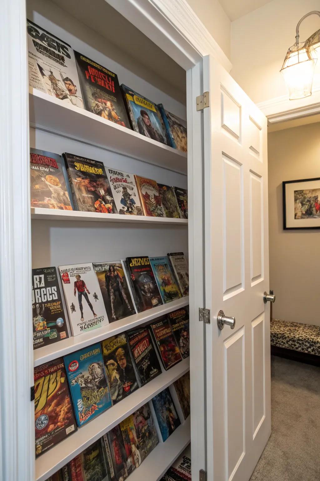 Hidden closet storage keeps comics organized and discreet.