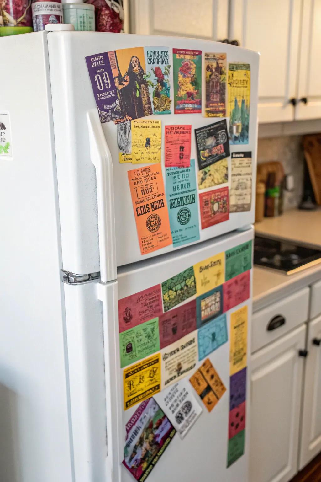 Refrigerator with colorful concert ticket magnets.