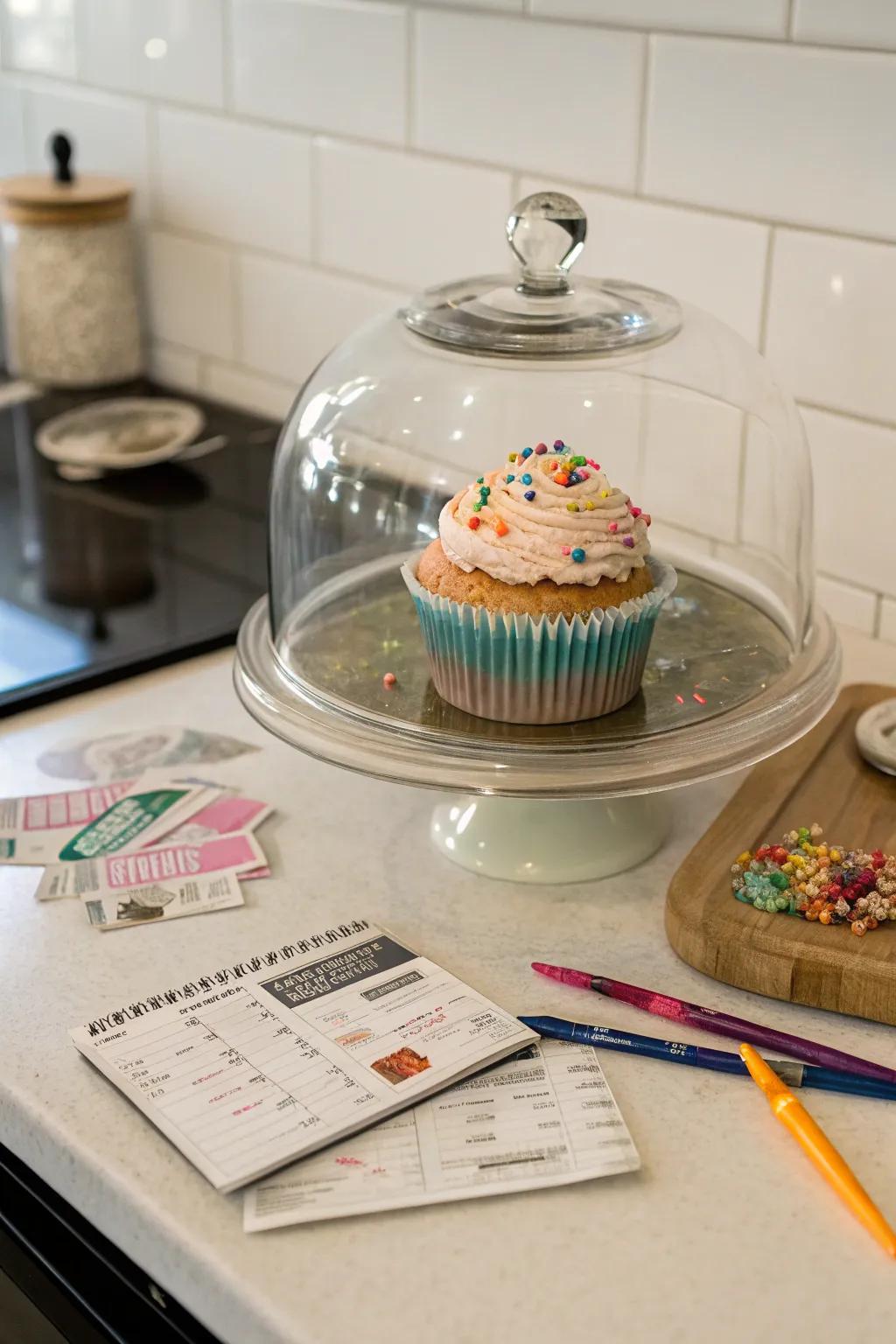 A sweet surprise hidden under a cake dome.