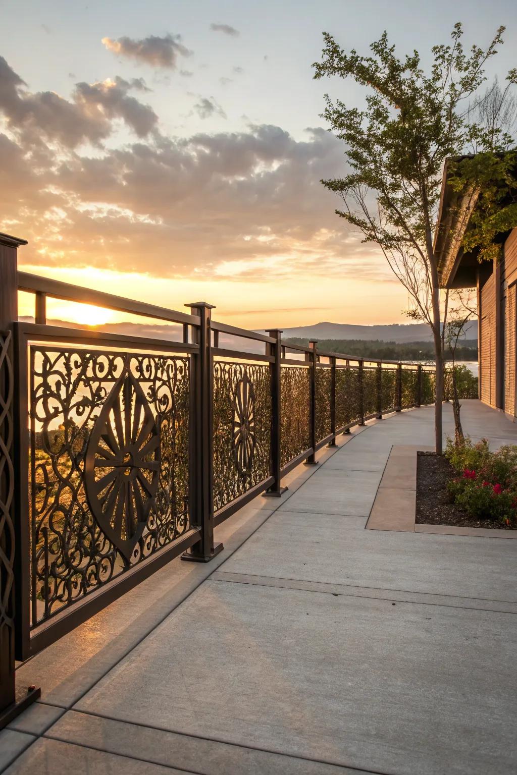 Decorative metal panels add artistic flair to concrete patio railings.