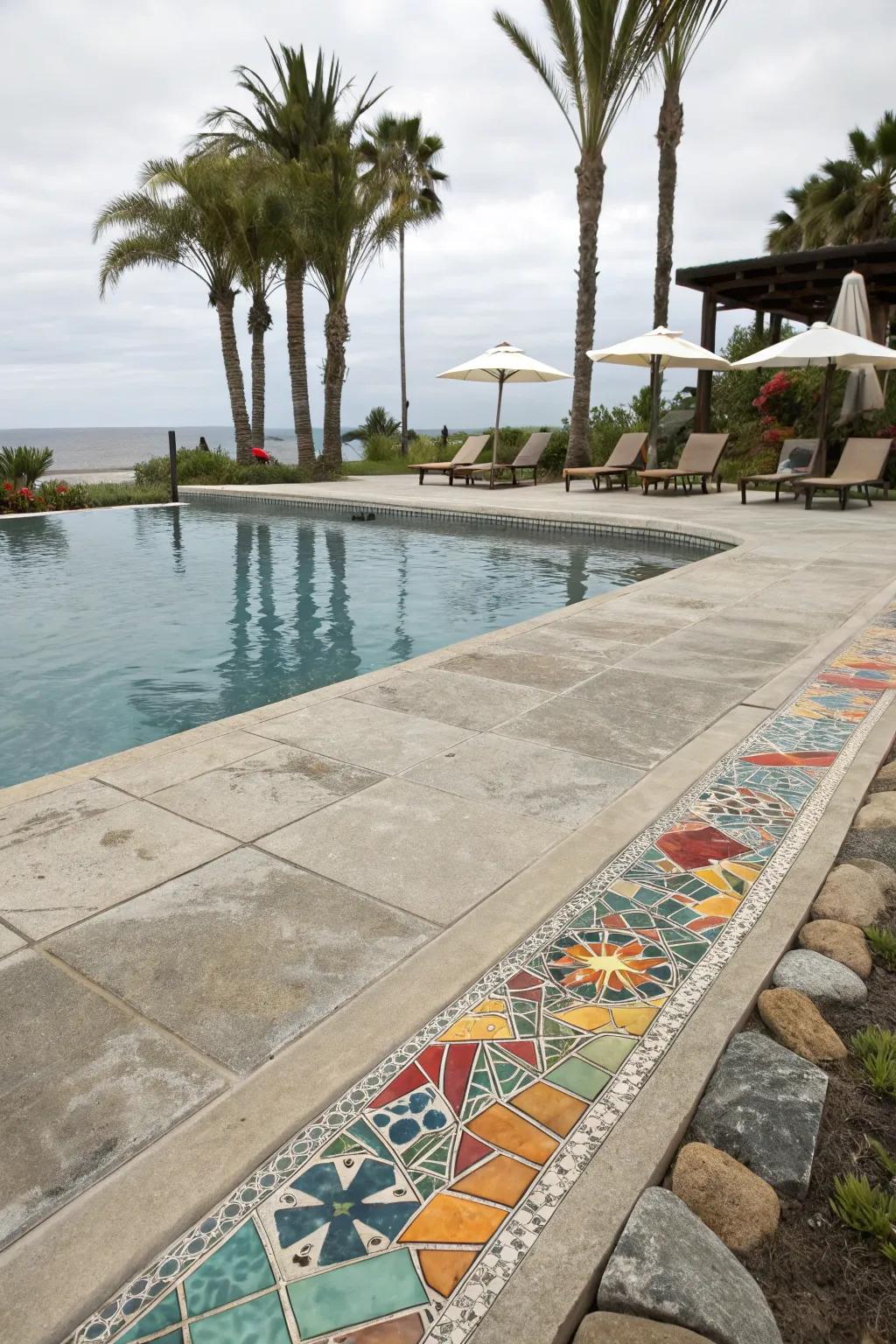 Mosaic tile accents add color and personality to your pool deck.