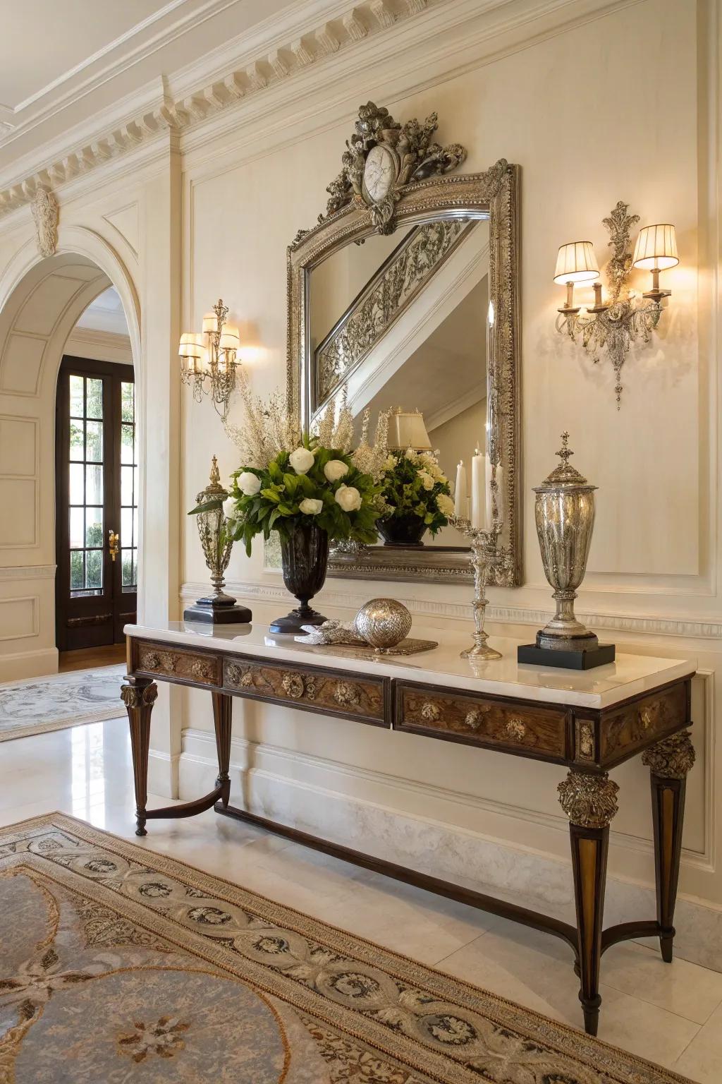 Elegant traditional decor graces this console table.