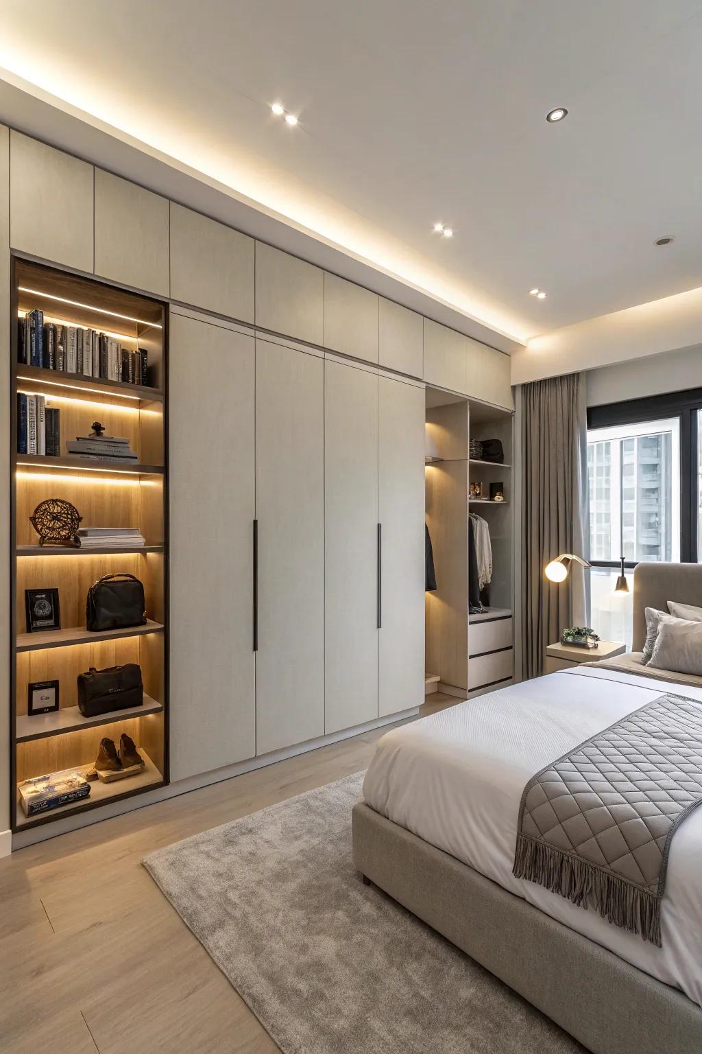 Built-in storage maintains a sleek and uncluttered bedroom design.