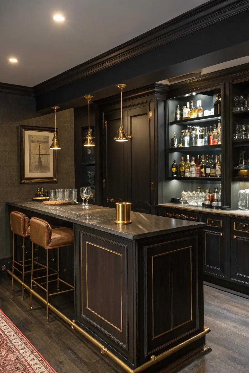 A cozy home bar with moody tones and metallic details.