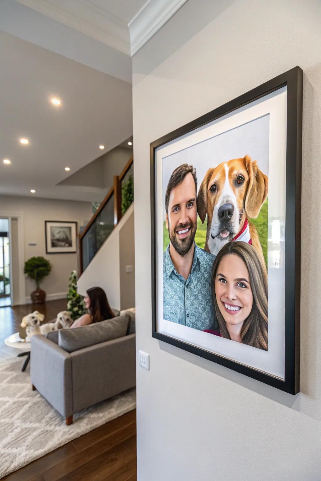 Custom illustrated portrait of a pet or family member, framed in a contemporary home.