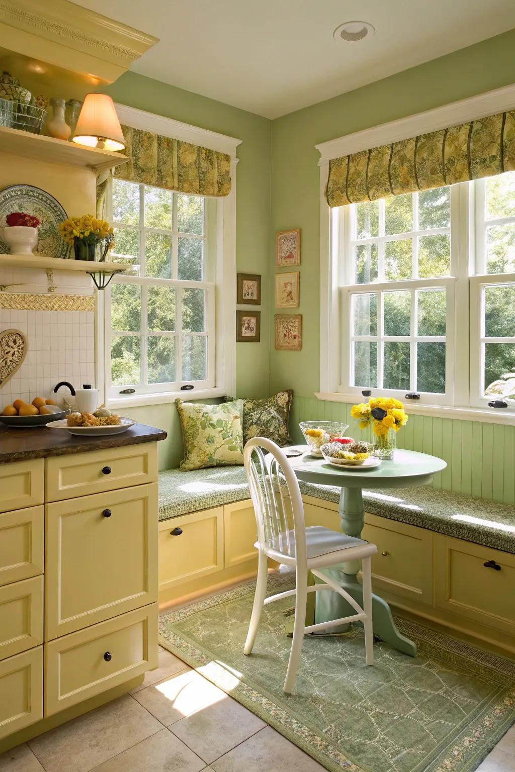 A kitchen brightened with sage green and yellow accents.