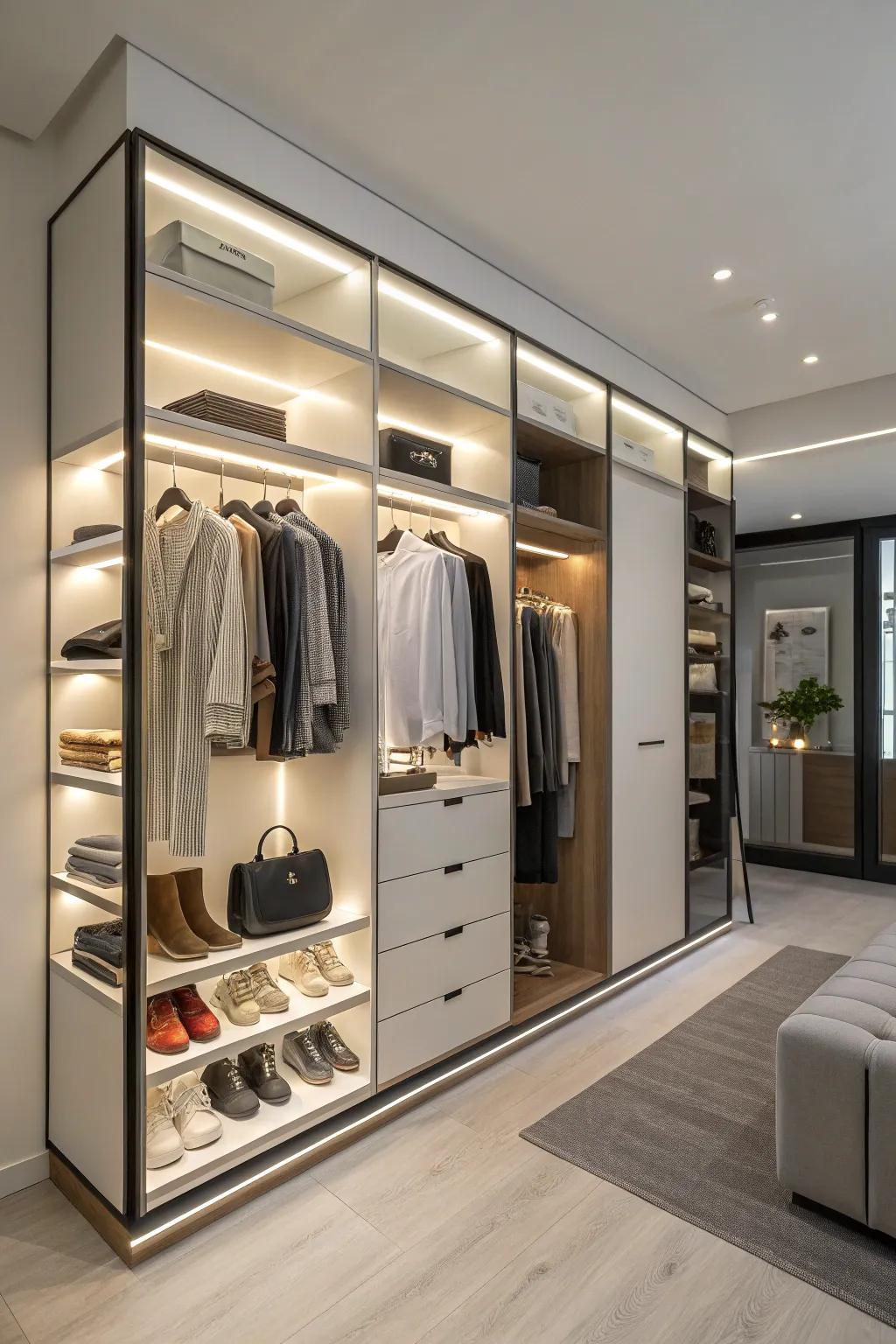 Lighting enhances and highlights your closet.