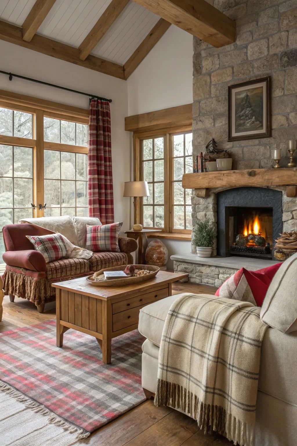 Plaid accents add a cozy, traditional touch to country decor.