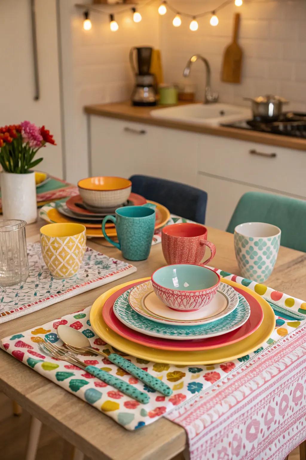 Mix and match dishware sets for a playful and eclectic kitchen vibe.