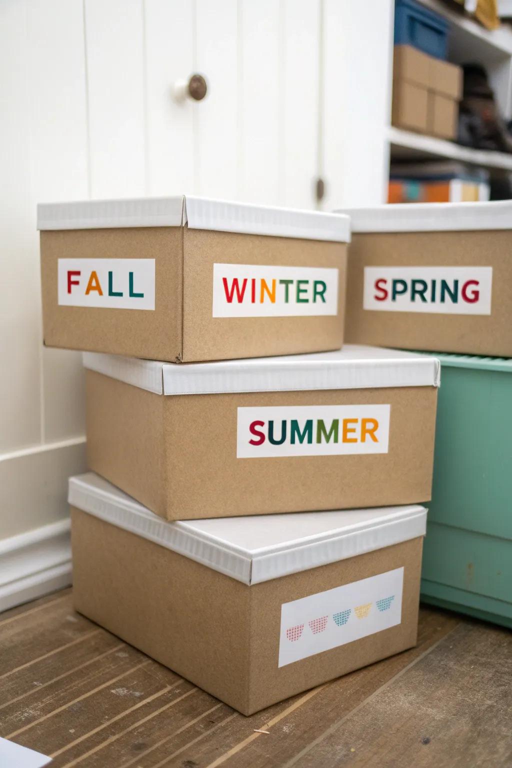 Stackable boxes efficiently store seasonal craft items.