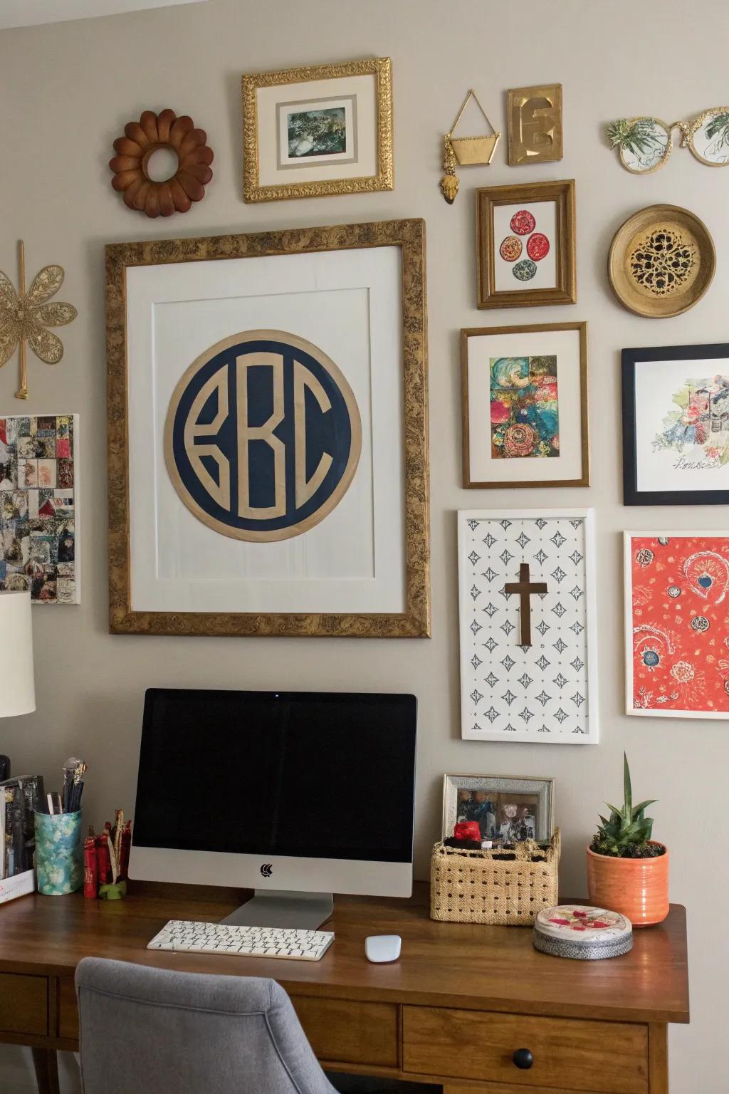 A personalized framed button monogram enhances home decor.