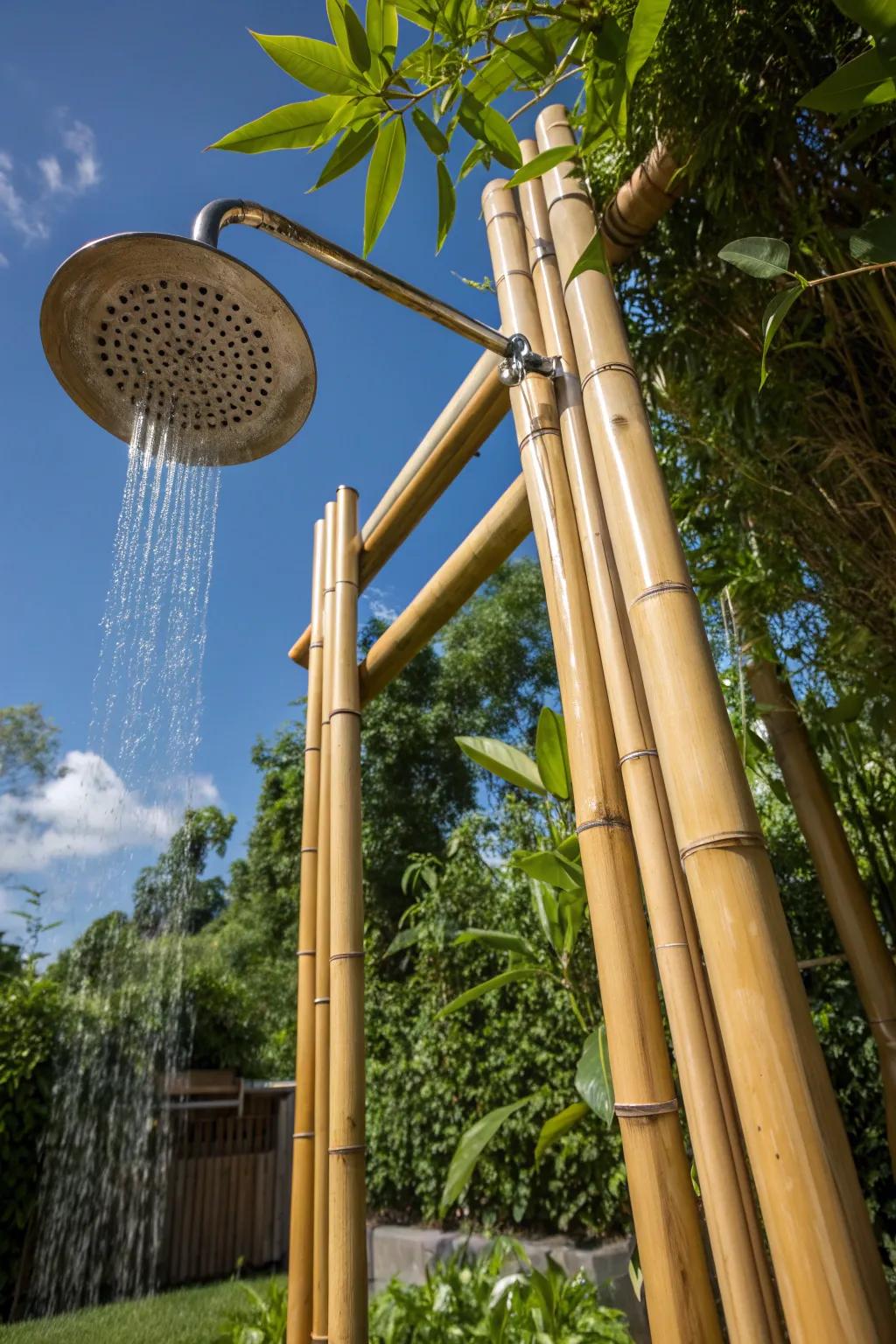 Transform your garden into a serene retreat with this stunning bamboo outdoor shower. #BambooCraft #TropicalOasis