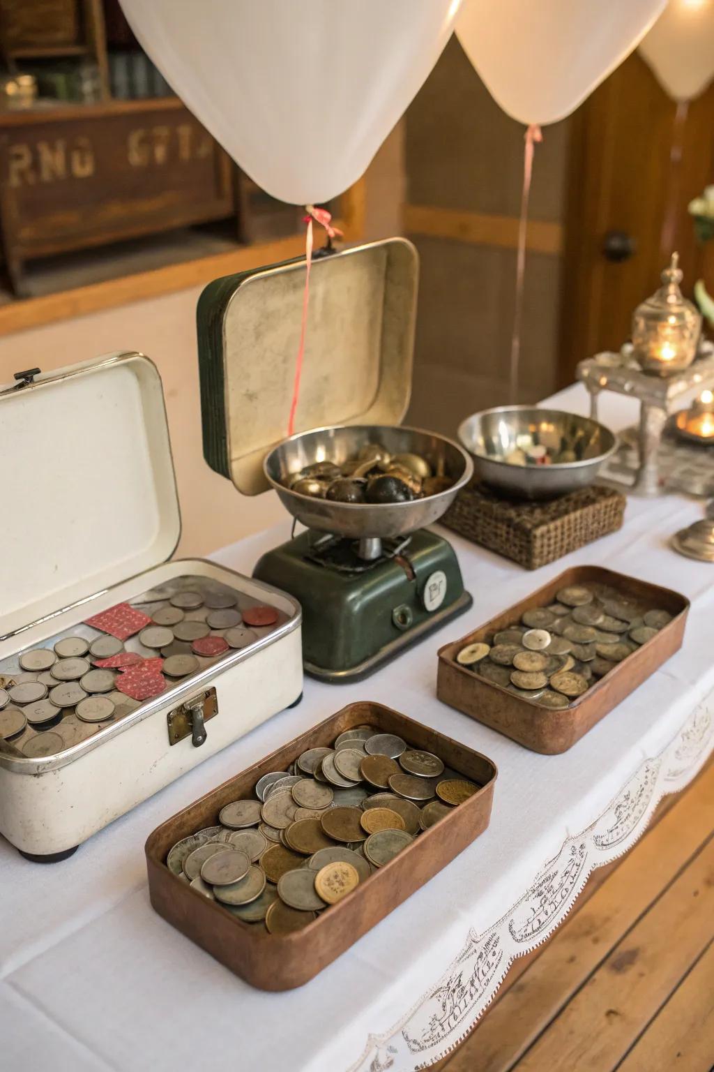 Nostalgic vintage tins filled with coins, used as effective balloon weights.