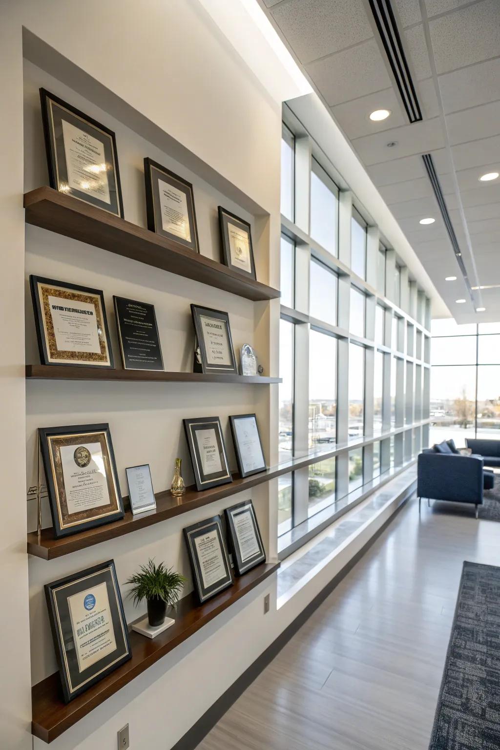 Floating shelves add dimension to a donor wall.