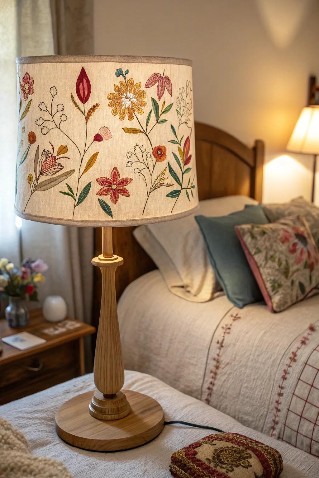 A bedside lamp shade featuring a delicate embroidered floral design.