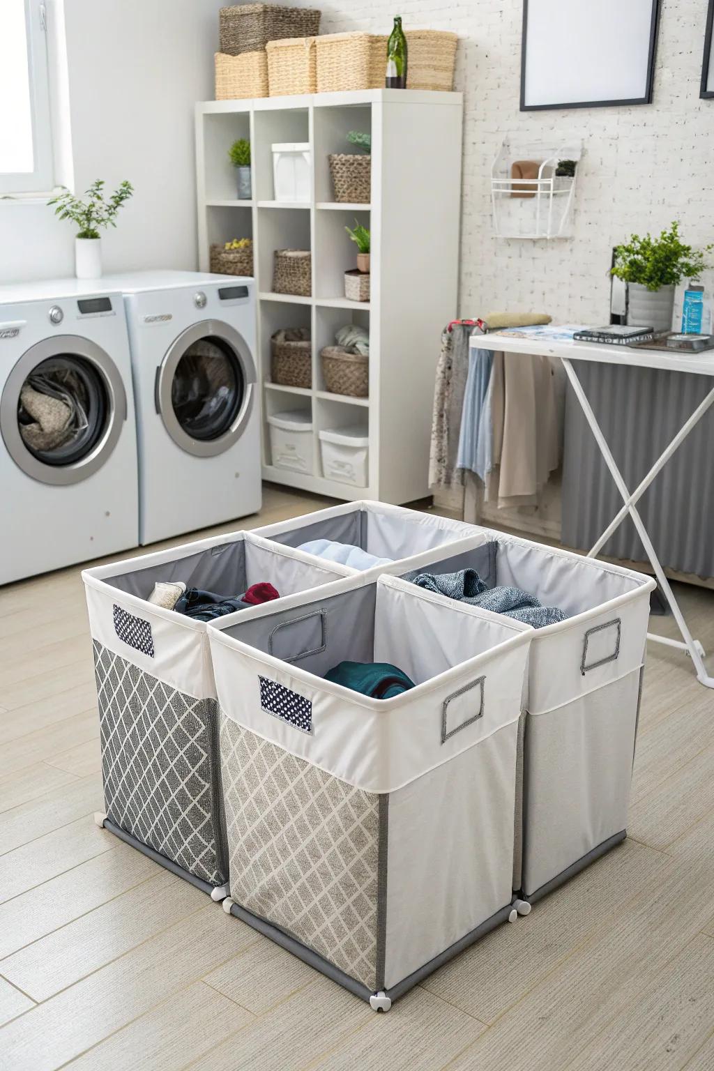 Multi-compartment hampers simplify sorting and organizing laundry.