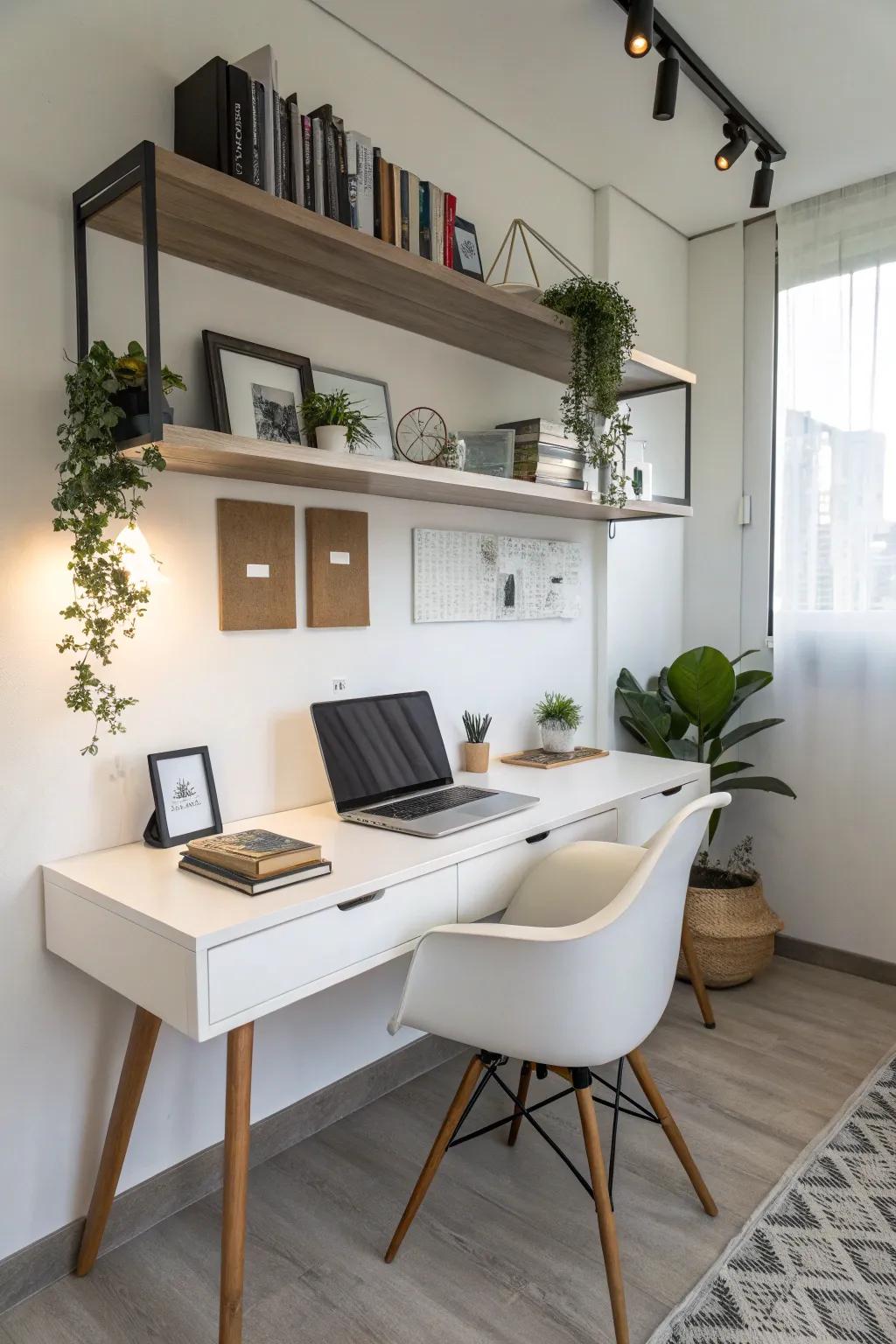 Wall-mounted desk that maximizes space and keeps the office organized.