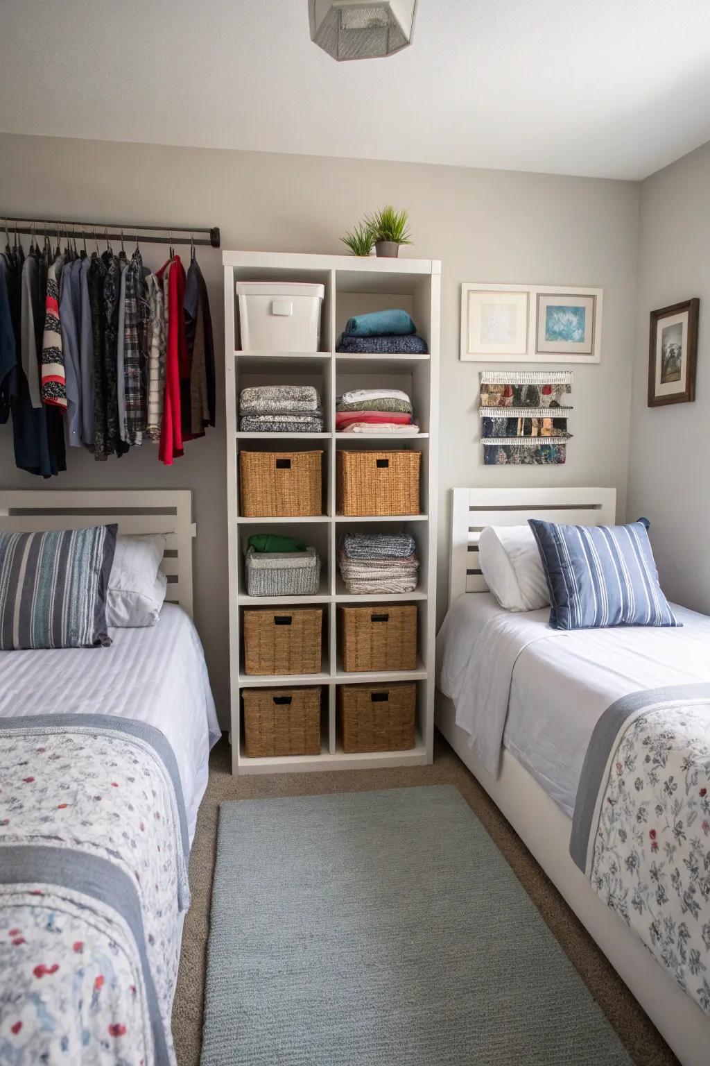 A central storage unit divides the room and organizes belongings efficiently.