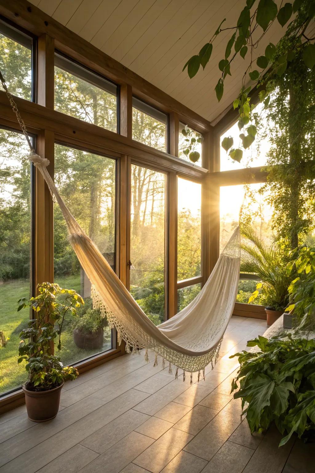 A sunroom hammock setup that offers a perfect spot for relaxation and sunshine.