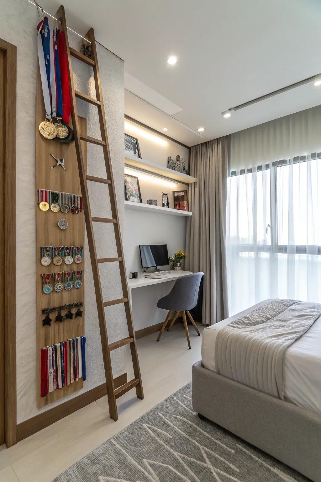 A ladder shelf combines storage and style for displaying medals.