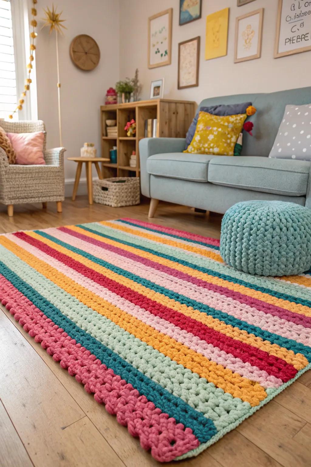 A vibrant striped crochet rug in a playful living room.