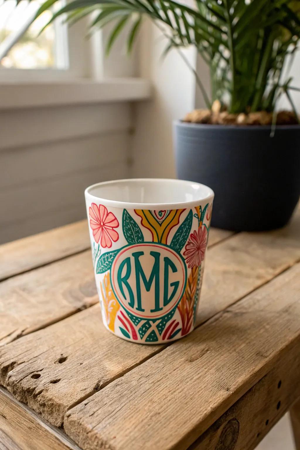 Sip with style: A vibrant monogram cup for the art lover's collection.