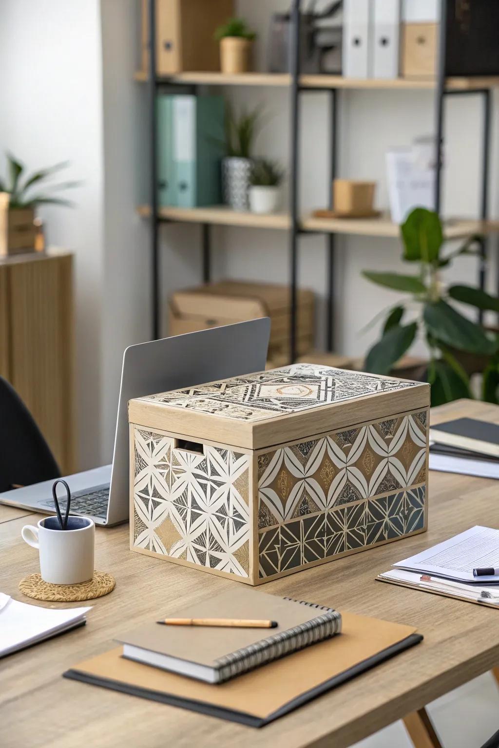 A box with modern stenciled geometric patterns.