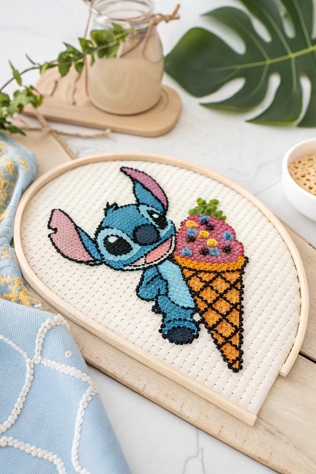 Add a playful touch to your space with Stitch's ice cream delight in vibrant Perler beads!
