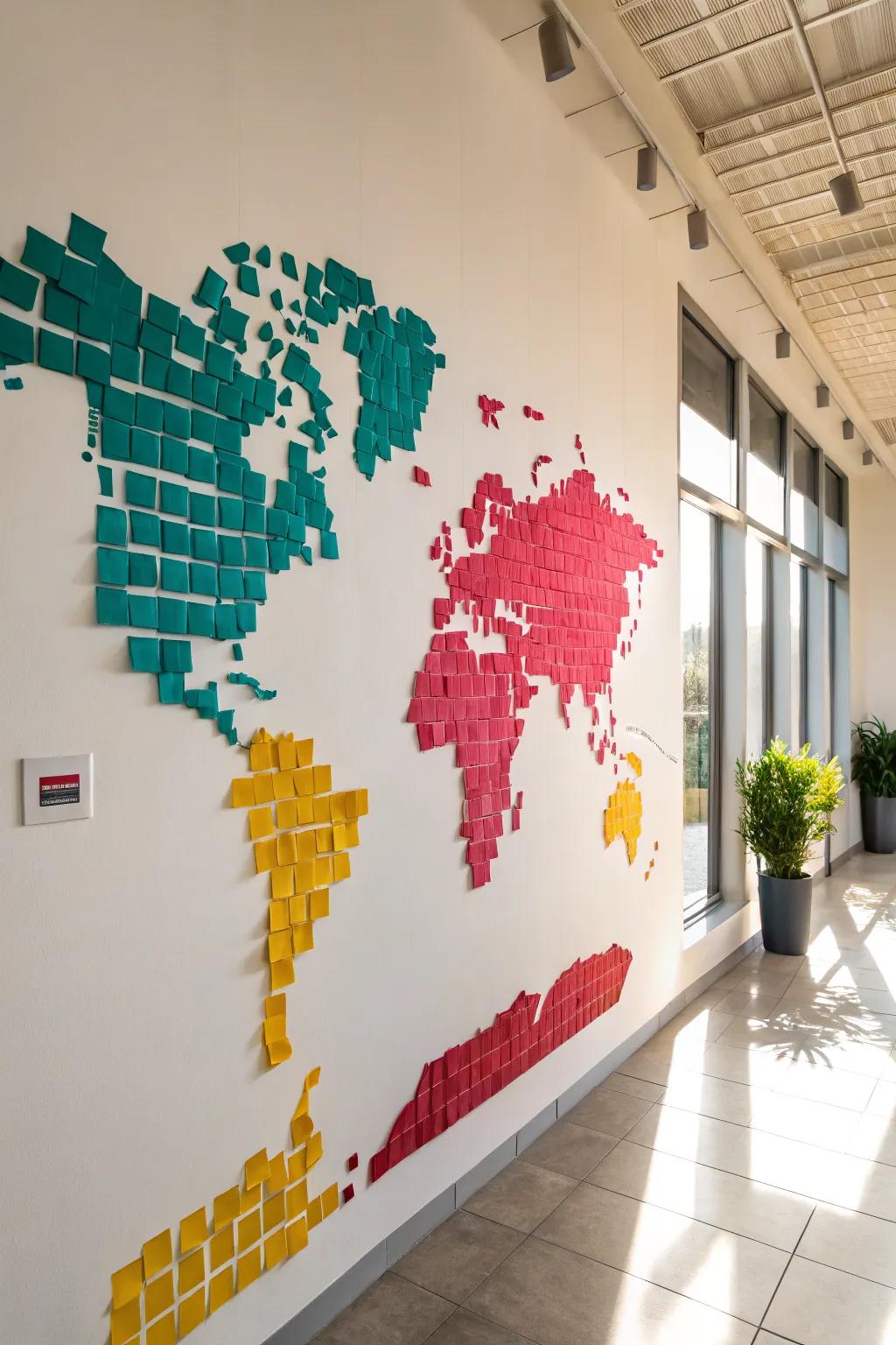 Travel dreams take shape with this vibrant sticky note world map. Where will you explore next?