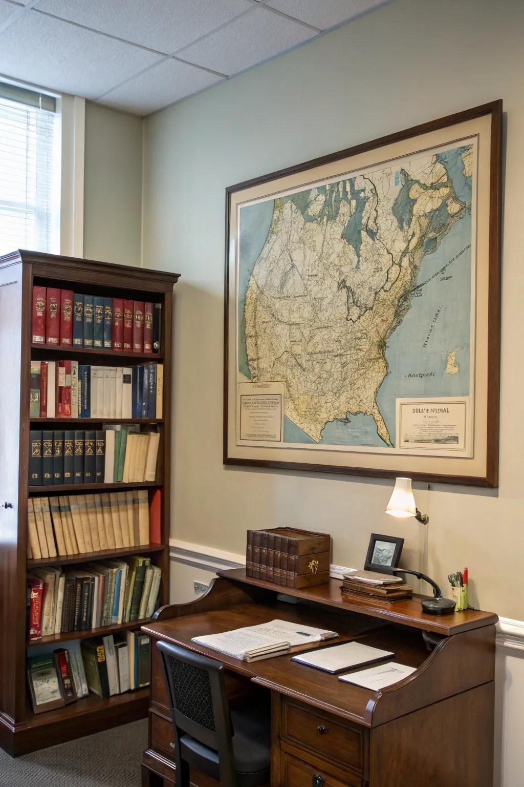 A vintage map invites exploration and conversation in this cozy office.